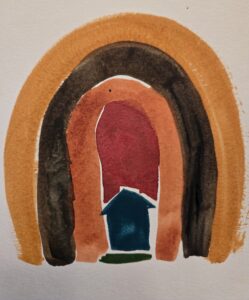 earth-colored rainbow hugging an immigrant's house